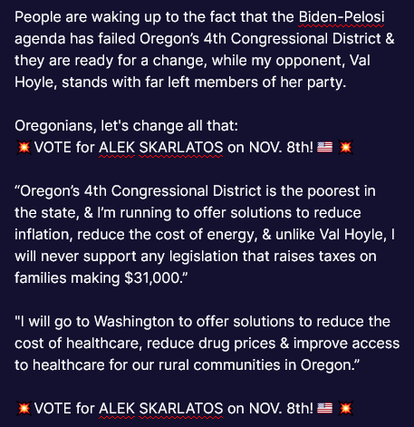 KrissyB007's tweet photo. "Val Hoyle
~ Voted To Raise Fees On Hunters, Anglers, & Commercial Fishermen
~ Endorsed Raising Taxes On Families Making $31,000
~ Negotiated The Hospital Provider Tax" raising our healthcare costs
ENOUGH!
#VoteAlekSkarlatos #GoREDStateByState #OR04
#ALEK2022 #AlekForORCongress https://t.co/0oxxBSWmw5