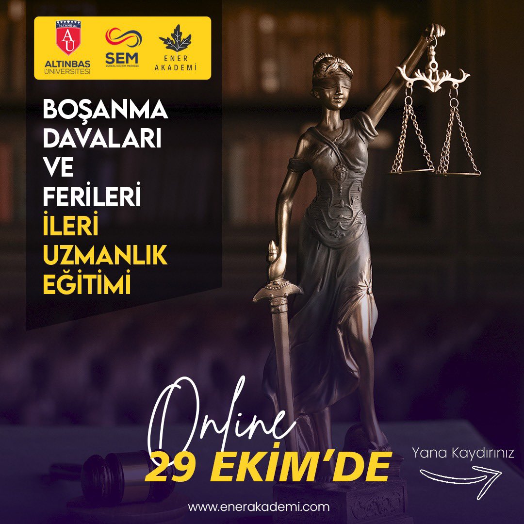 Altınbaş Üniversitesi SEM işbirliği ile SINIRLI SAYIDA KATILIMCI için gerçekleşecek ONLİNE eğitimimize siz de katılabilirsiniz.

Hemen katılmak için; 👉🏻 enerakademi.com/bosanma-davala…

 #eğitim #ailehukuku #onlineeğitim #boşanma #enerakademi