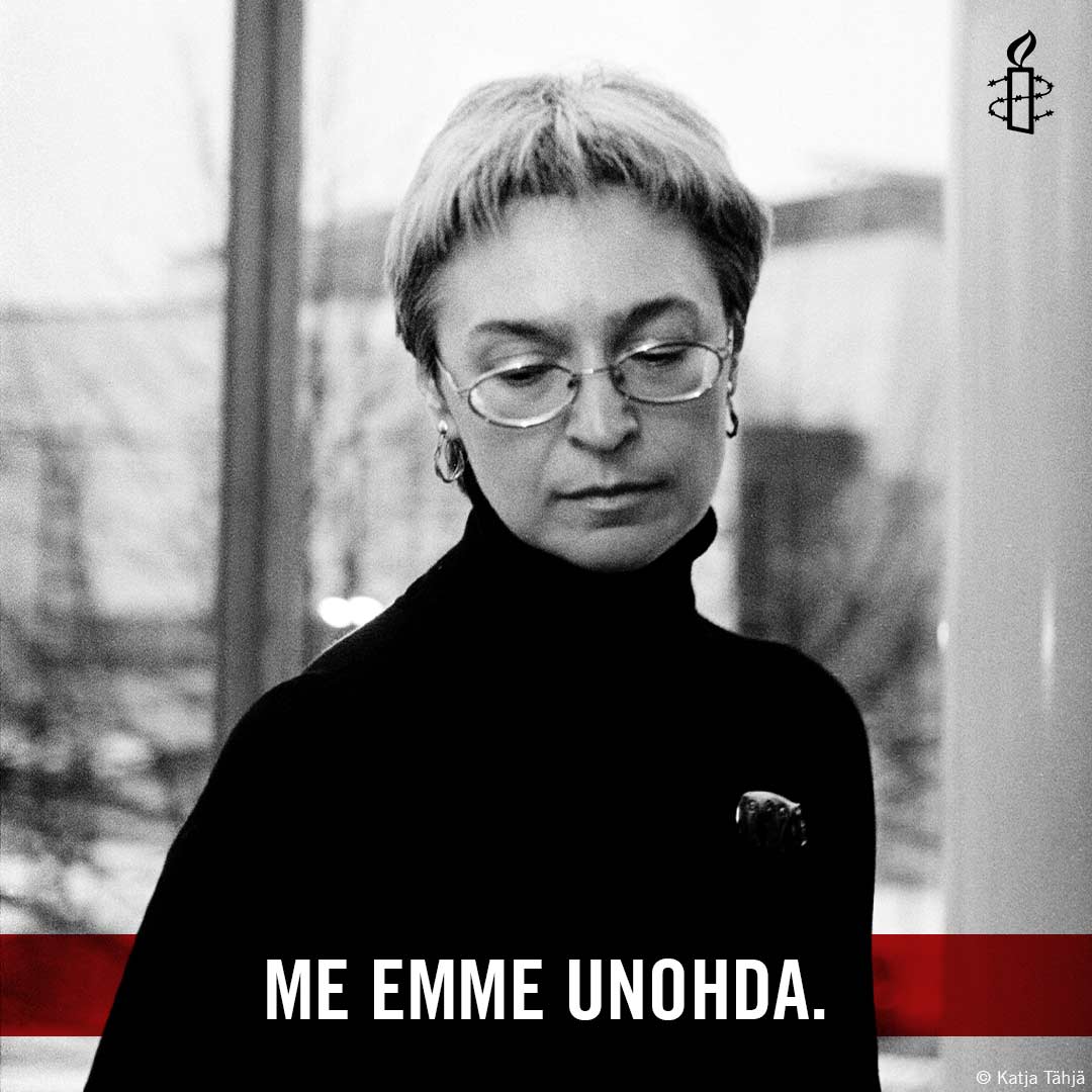 amnestyfinland's tweet photo. Venäläinen toimittaja Anna Politkovskaja murhattiin 16 vuotta sitten. 

Kesti melkein kahdeksan vuotta ennen kuin murhasta tuomittiin ketään, eikä sen tilaajista ole vieläkään tietoa.

Rankaisemattomuuden kulttuuri johtaa hiljaiseen hyväksyntään, mutta me emme hiljene tai unohda. https://t.co/k8tElhVVln