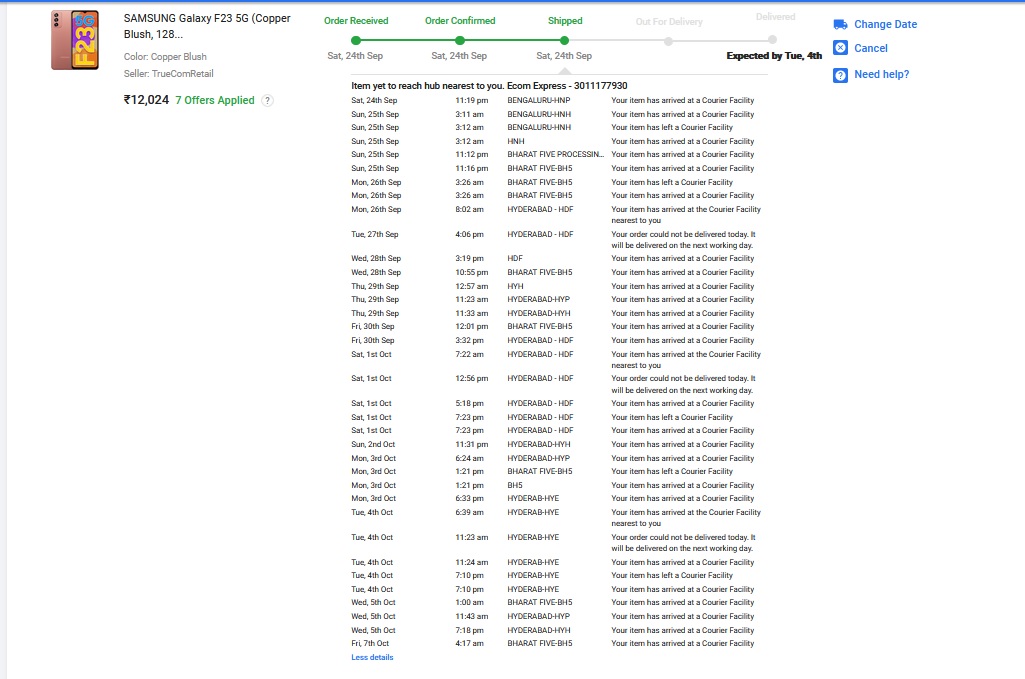 mpchekuri's tweet photo. @flipkart looks like closing soon. Struggling to deliver order from 26th September, almost 12 days in Hyderabad city and couldn't deliver. May be struggling with delivery networks. @flipkartsupport https://t.co/msqZqwpBac