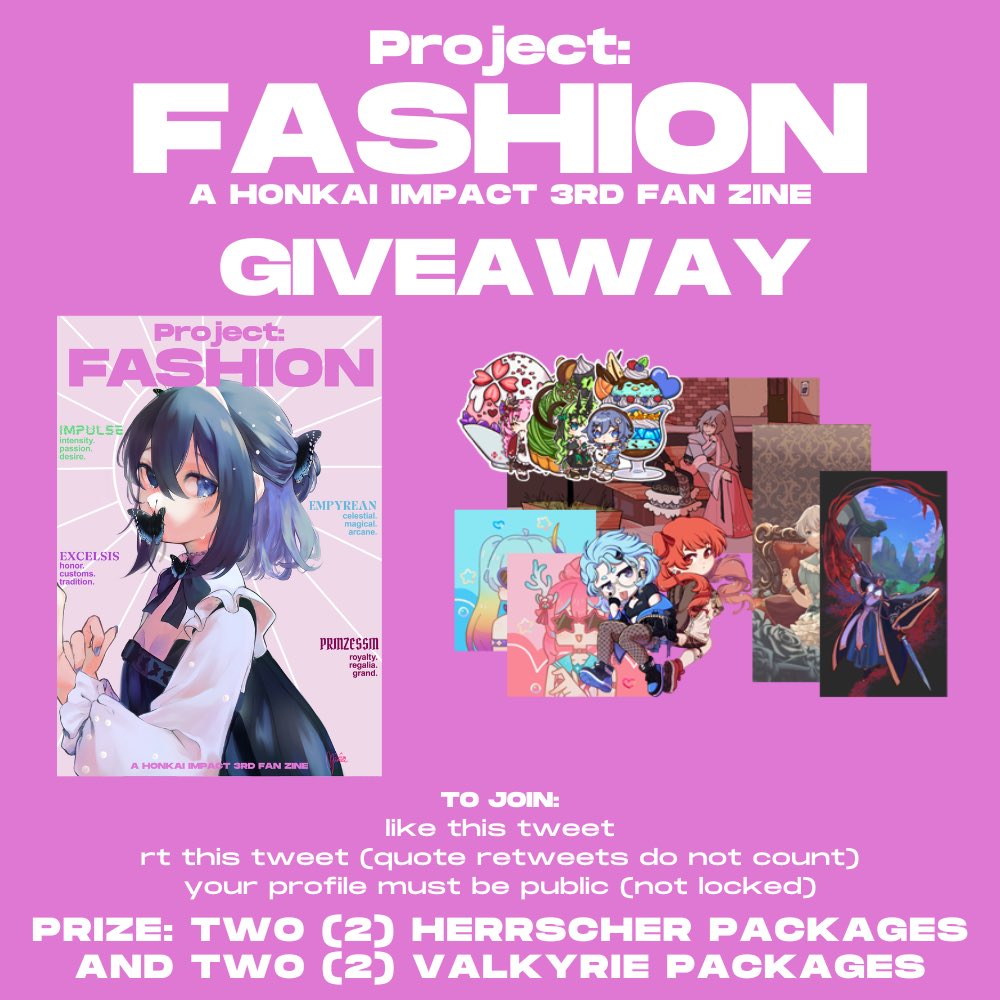 HonkaiFashion's tweet photo. 🎉 GIVEAWAY ANNOUNCEMENT🎉

We’re giving away a two Herrscher packages (merch + zine) and two Valkyrie packages (zine only).

To participate: 
- RT this post and our preorder post below
- Follow us and like this post!

Ends on the 17th of Oct!

https://t.co/hLI187zjuY https://t.co/jrMQk7nBcd
