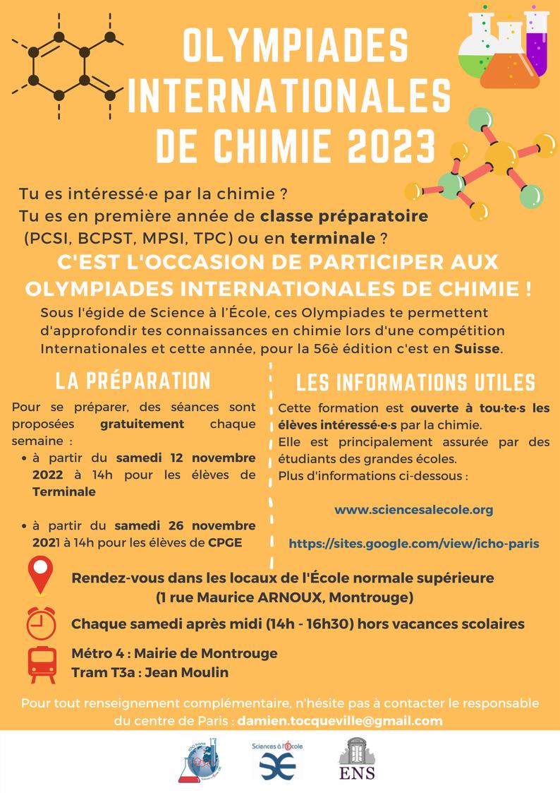 Vous aimez la chimie ? Parfait ! La préparation aux écrits des #IChO va bientôt commencer !
🕓 12/11/22 pour les Terminales
      26/11/22 pour les CPGE
📌 ENS à Montrouge 
On révise, on se prépare au concours dans une ambiance détendue et avec des encadrant.e.s surmotivé.e.s !