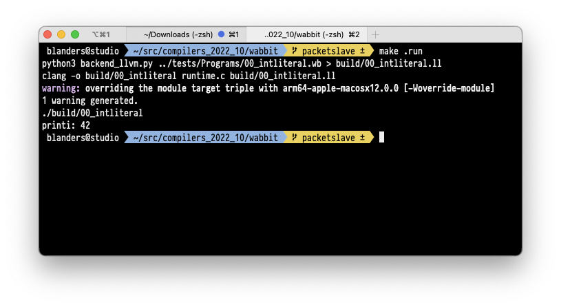 Having a blast in <a href="/dabeaz/">dabeaz</a>'s "Write a Compiler" class. 

In 4 days, wrote a lexer, parser, interpreter, and a very basic LLVM IR generator, all from scratch. Still a lot more to do, but I can now start with a text file and end up with a runnable MacOS binary.