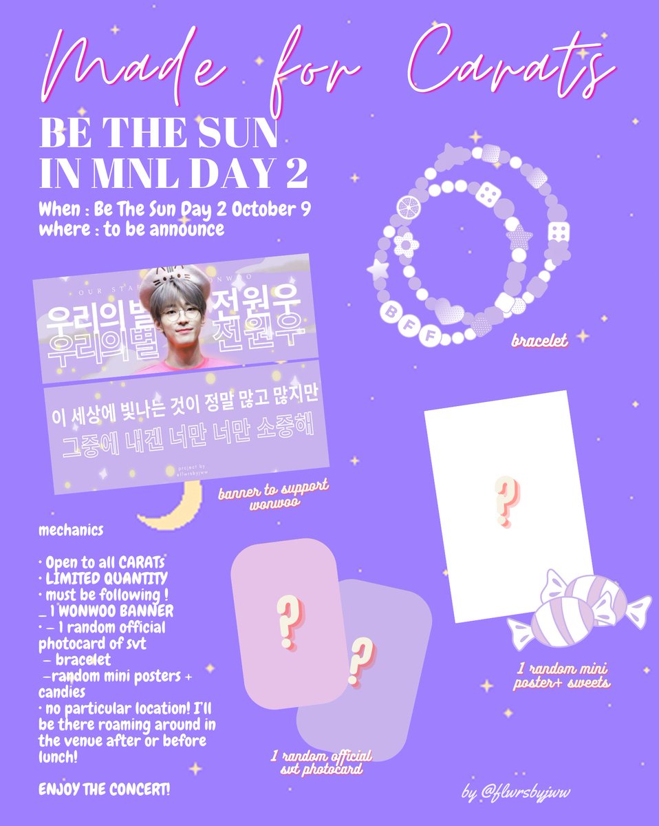 wonwoolvrrr_'s tweet photo. ˚｡⋆୨Made for Carats୧⋆ ˚｡

✼ Be The Sun in Manila Day 2 Oct 9 
✼ mbf 🫶🏻
✼ deets &amp; mechanics below !

     ◇ Wonwoo Banners, Bracelets, Mini Posters, Random official Photocards, 🍬 from me!

See you there, Carats! 🤍

#. BeTS freebies #BeTheSuninManila @pledis_17 🌤 https://t.co/U3lzYCD1fx