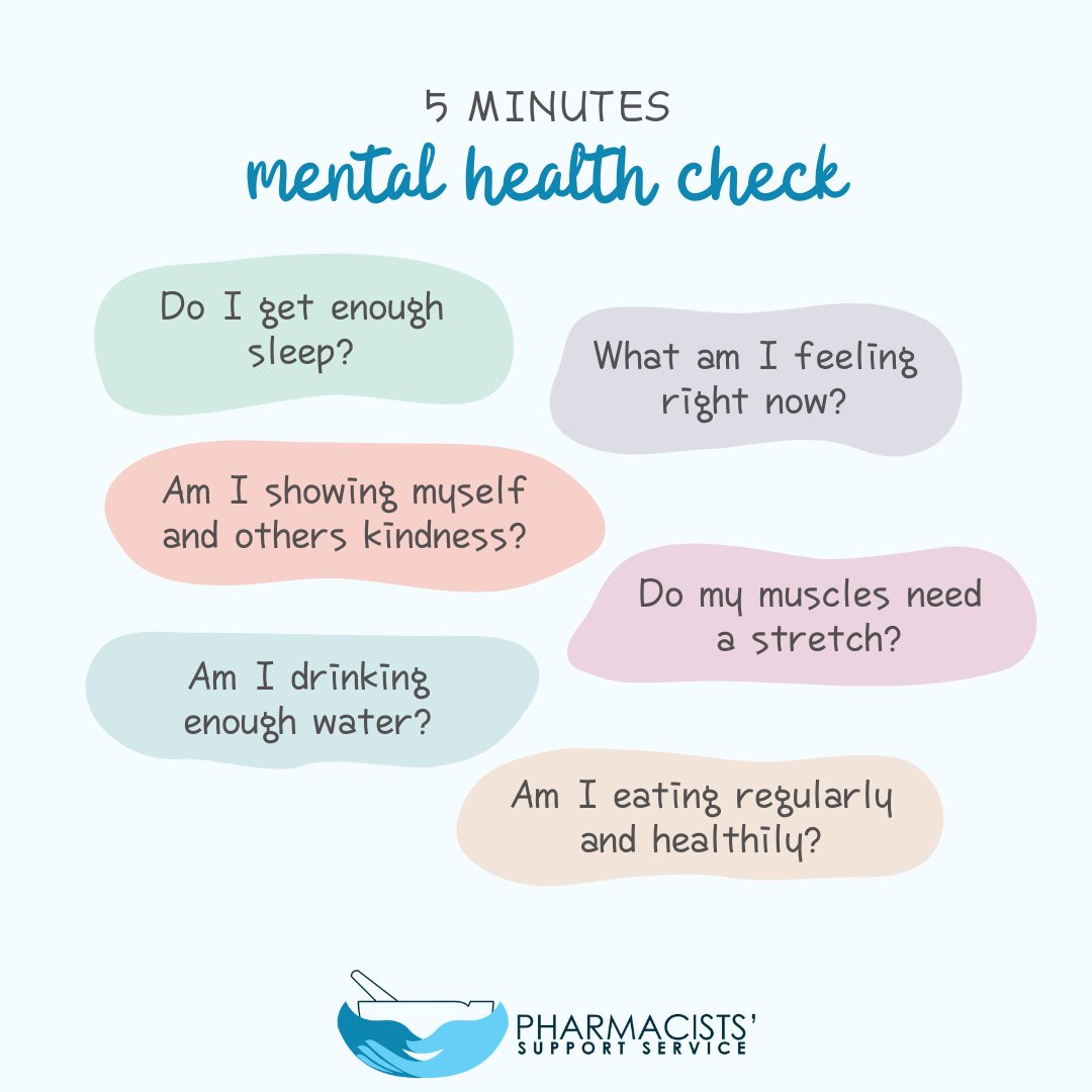 AusPharmSupport's tweet photo. This #MentalHealthMonth try a daily check-in with yourself. Here are some practical questions you can ask yourself to assess how you're feeling and address some basic needs. Try it out!

We are available for free and confidential support at 1300 244 910, 8am-11pm AEDT everyday 💙 https://t.co/uXodhyMHkc
