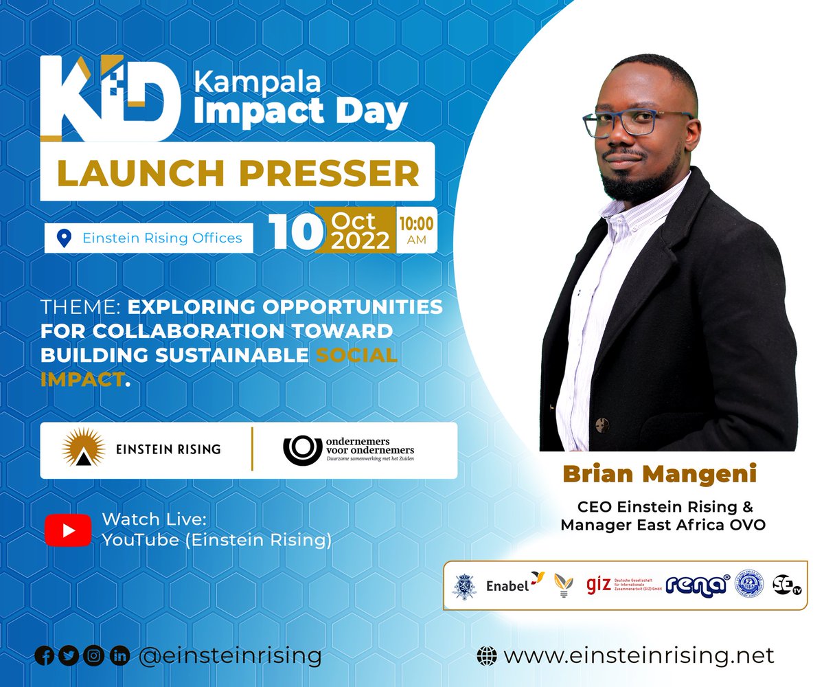 EinsteinRising's tweet photo. #KID2022Launch #KIDLaunchPresser

#KIDLaunchSpeakers 📢
Einstein Rising and @OndernemersNZ are your official organizers for this 2nd edition of the Kampala Impact Day. We firmly believe in stimulating social #entrepreneurship to achieve strong economic &amp; social impact

Thread 1/2 https://t.co/Hir1vWfJOz