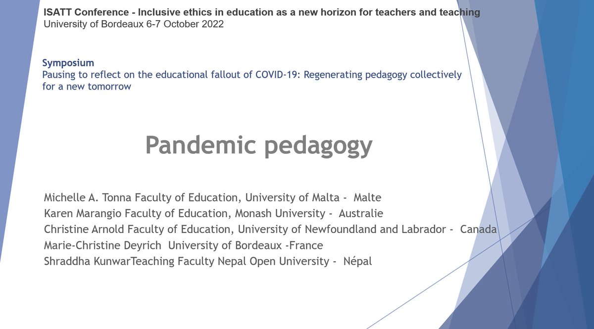 KarenMarangio's tweet photo. So excited to be presenting with such talented educators &amp; researchers across the world (tonight in Australie, morning in Bordeaux). #pandemic #pedagogy #distrupted #transforming spanning across education settings &amp; countries #ISATT2022 https://t.co/GjSvmcYa0i