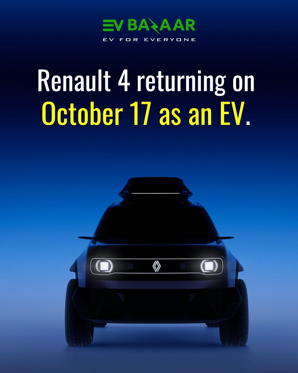 EvBazaar's tweet photo. Renault has revealed images of the silhouette of their iconic Retault 4 car, which is making a comeback as an EV. ๐
The concept will be revealed on October 17 at the Paris Motor Show.๐คฉ
#Renaultev #Renaultcar #electriccar #renaultecar #comingsoon #evupdates #evnews #evbazaar https://t.co/9F7mKw2D7o