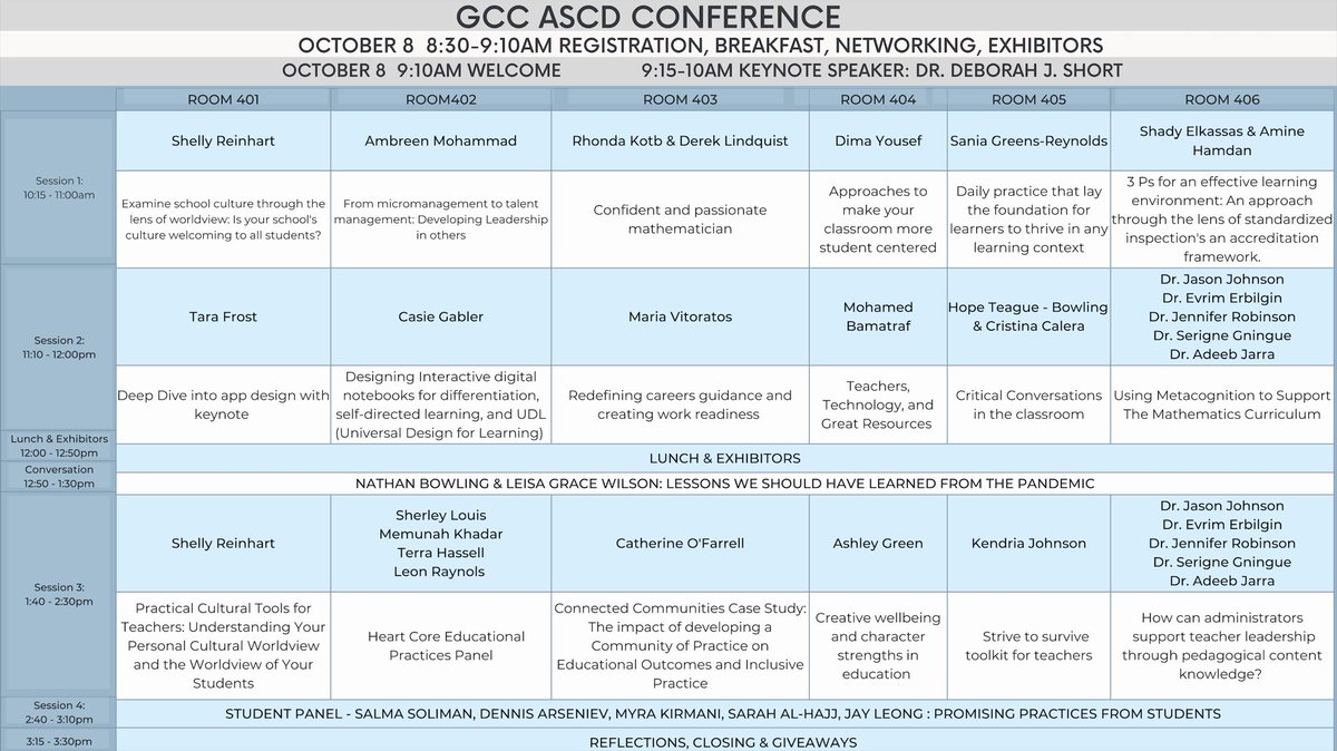 GCCASCD's tweet photo. The GCC ASCD Conference Agenda and Session Schedule are here https://t.co/ffRxECpxbb #gccascd https://t.co/Eu29lEUUyH