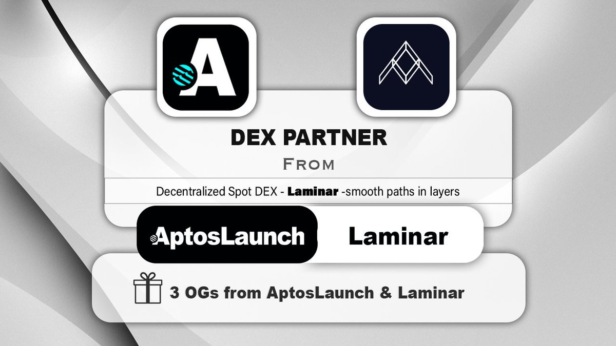 Strategic DEX Partnership with 
<a href="/LaminarMarkets/">Laminar Markets l Acquired by Econia Labs</a>

We will now be able to bring a mass amount of users and projects into the <a href="/AptoslaunchIO/">AptosLaunch</a> ecosystem. 

we are distributing 3 OG roles
1. Follow
2. Like
3. Retweet and Tag friends
4. Join our discord

#AptosEcosystem <a href="/AptosLabs/">Aptos Labs</a>