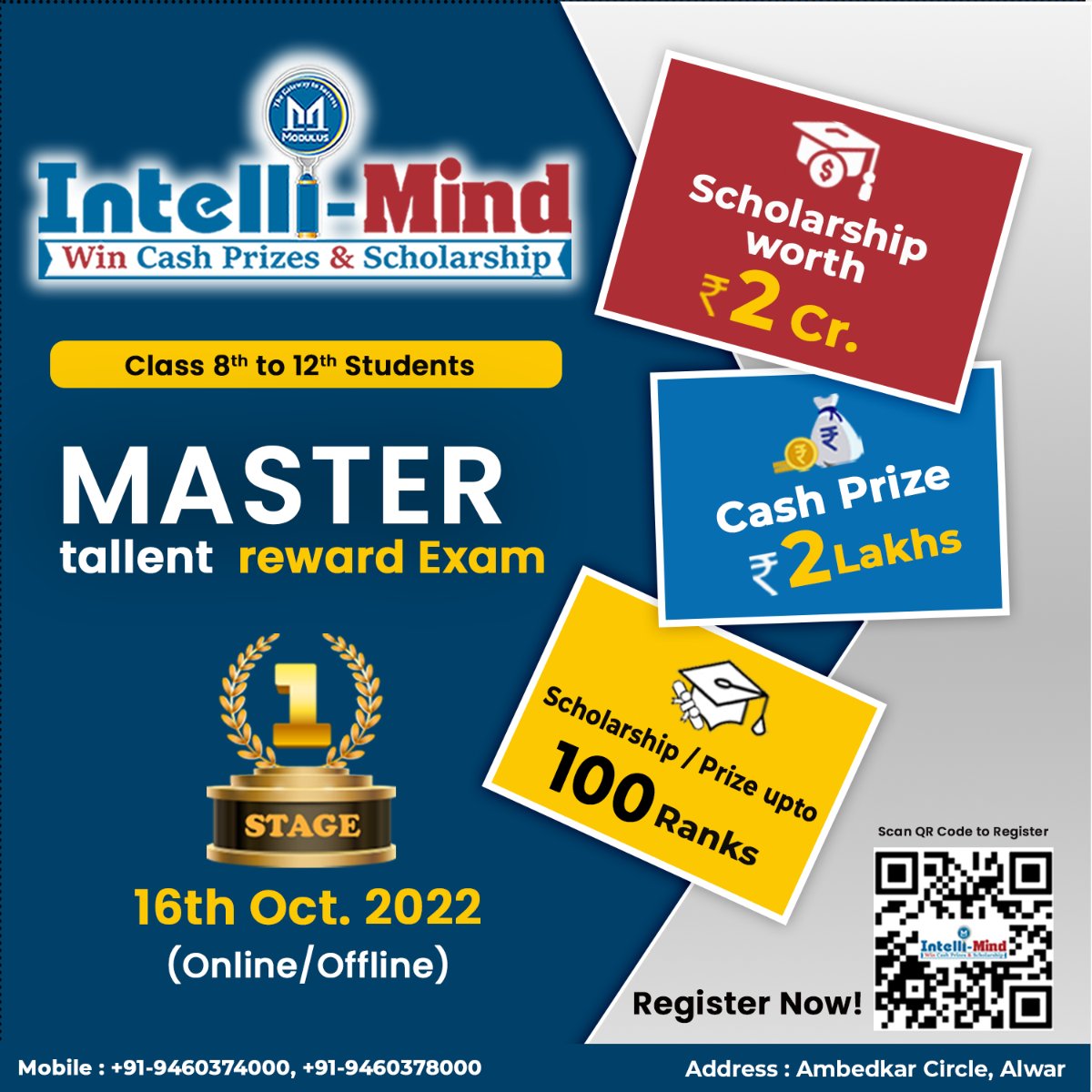 ModulusAcademy's tweet photo. 👉Register 𝐈𝐧𝐭𝐞𝐥𝐥𝐢-𝐌𝐢𝐧𝐝, the ultimate test of speed, accuracy and preparation at national level🏆.
💁This year, the exam will be conducted OFFLINE/ONLINE  in a single stage on 16th October 2022.
👩‍🎓Head over to our website for registration-https://t.co/Zo2HaWJEB9 https://t.co/kSXRLUdyj4