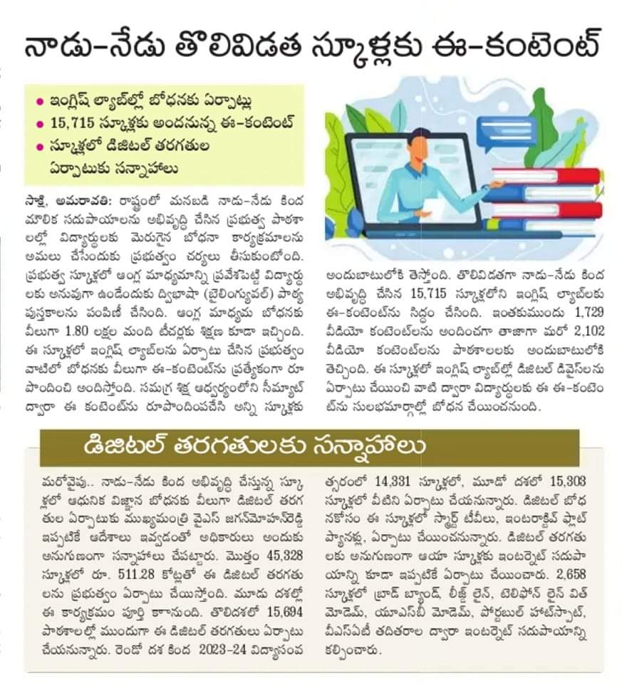 ysjaganspeaks's tweet photo. నాడు నేడు తొలి విడత  స్కూళ్లకు ఈ కంటెంట్. 

ఇంగ్లిష్ ల్యాబ్‌ల్లో బోధనకు ఏర్పాట్లు.

15,715 స్కూళ్లకు అందనున్న ఈ కంటెంట్. 

స్కూళ్లలో డిజిటల్ తరగతుల ఏర్పాటుకు సన్నాహాలు.

#NaduNedu
#ManaBadiNadunedu
#DigitalClasses https://t.co/QBvYs2YppJ