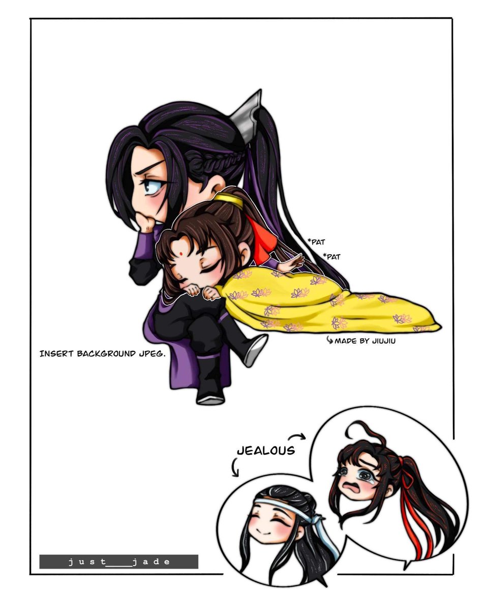 just_____jade's tweet photo. Two Chinese cultivators found jealous over liddol lemon sleeping on his grape jiujiu's lap. 

Said cultivators are identified as Wei it-used-to-be-me Wuxian and Lan I-wish-it-was-me Xichen.

P.S. Also, said lemon was fake sleeping. HAHA eat dirt jiujiu stealers! https://t.co/myG3EL3ks5