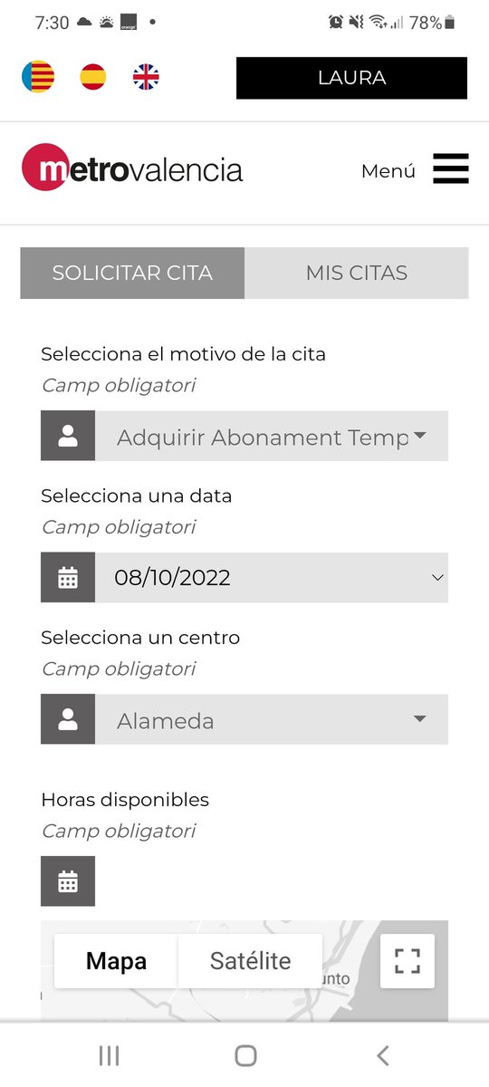 EvaGonz69296563's tweet photo. @metrovalencia  Una vez que consigues llegar hasta aquí, ¿ Qué  hay que hacer? No deja desplegar el horario disponible. https://t.co/lYH4lGL34s