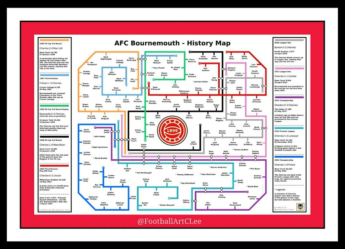 FootballArtCLee's tweet image. #AFCBournemouth history map, showing their rise up the divisions 1984 - 2022

A3 print giveaway, to enter

1. RT this tweet
2. Follow me 

Winner announced 10 Oct

A remarkable journey for #AFCB fans, what's been the best #Cherries game?

@Cherriesredarmy @afcb_r0b @FrendMrs