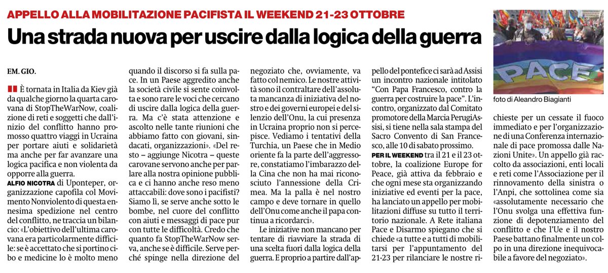 francofontana43's tweet photo. Appello alla mobilitazione pacifista per il weekend 21-23 ottobre
Una strada nuova per uscire dalla logica della guerra
@ilmanifesto https://t.co/wi0PePo0i0