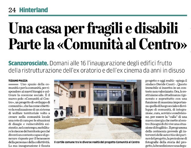 Una riqualificazione urbana di “comunità” grazie agli investimenti ad impatto sociale delle #cooperative <a href="/coopaeper/">gruppoaeper</a> e <a href="/CoopLimpronta/">Coop. L'impronta</a> con il sostengo di <a href="/FondCariplo/">Fondazione Cariplo</a> portano la solidarietà a centro di #Scanzorosciate