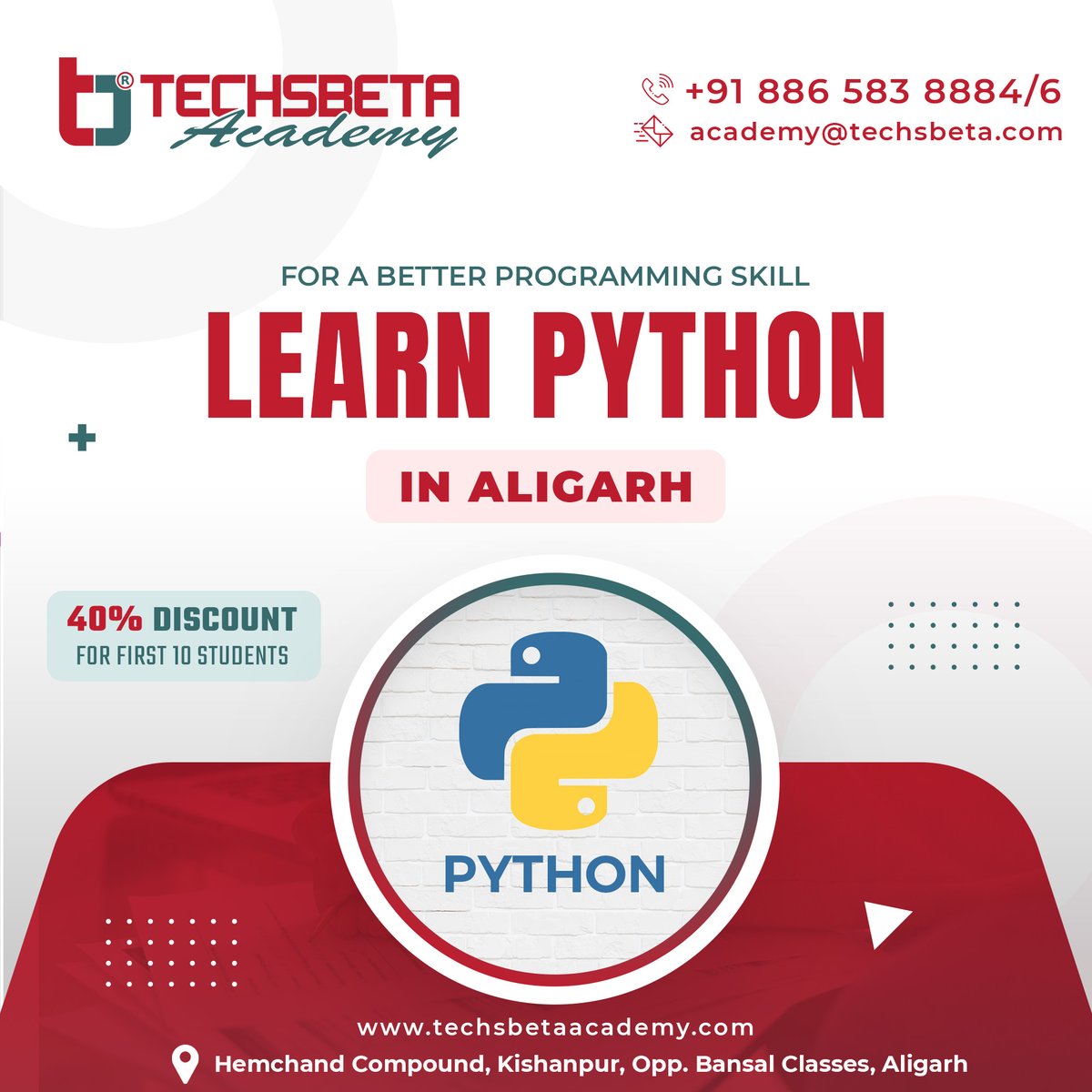 Techsbtaacademy's tweet image. Join Python development training today with placement support.
Get your #python skills with #Techsbetaacademy In Aligarh!
Register your seats now
40% Discount 
Hurry up!!
To know more about the course call us - 8865838884
#aligarh #institute #amu
#python #programming #coding