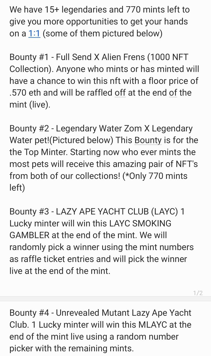 ZOMNFT's tweet photo. #MintingNow at .02 Jam packed the last 770 mints with 1:1's from our pet collection, and new bounties shown in the pictures below. Join our discord to stay up to date. 

Giving away a Zom and a Pet on this post!
Follow @ZOMNFT 
❤️ + Tag friends and RT!
#NFTGiveaways #NFT #ETH https://t.co/OLWeKvEyqf