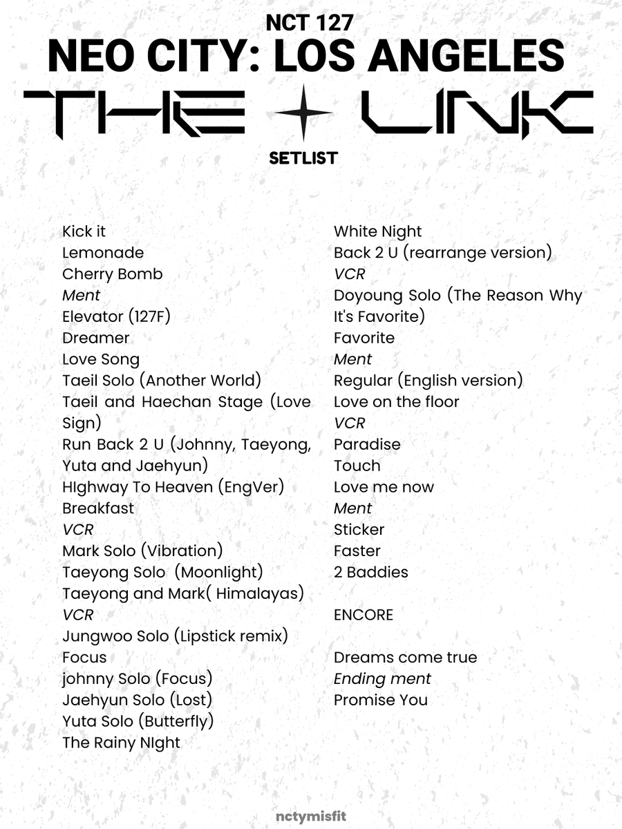 nctymisfit's tweet photo. NCT 127 NEO CITY: THE LINK in Los Angeles (Setlist)

#NCT127 #THELINKinLA #NCT127inLA #NEOCITY_THE_LINK_LA @NCTsmtown_127 https://t.co/yDdpluQT2u