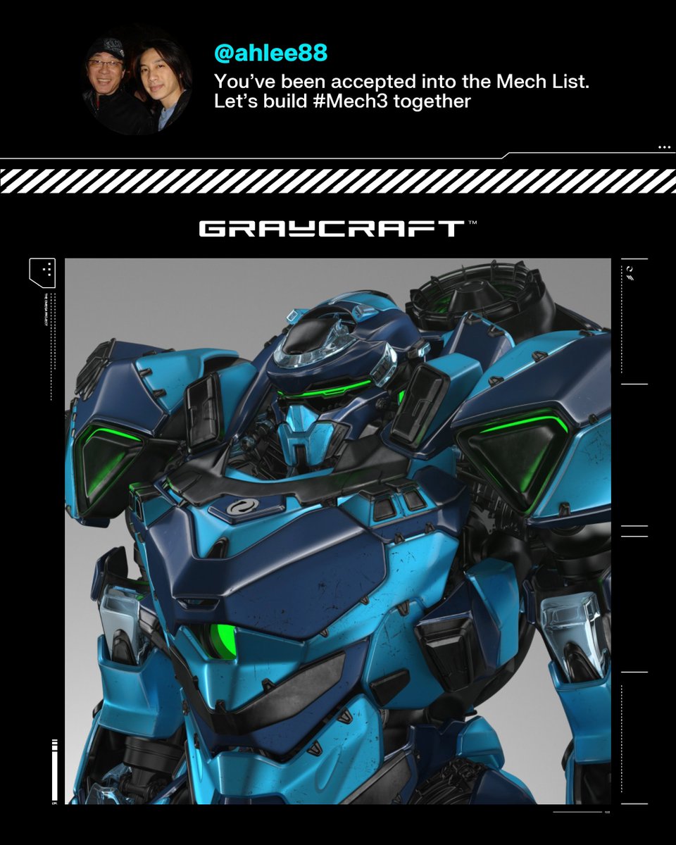 graycraftbot's tweet photo. Congratulations ahlee88! You've been accepted into the Mech List.

We've given you powers to nominate valuable members into the GCU. Generate your referral code here: https://t.co/khQFkyFY5H

Here's the Omega you chose for your first mission.

Let's build Mech3 together. https://t.co/lNVj82MrDY