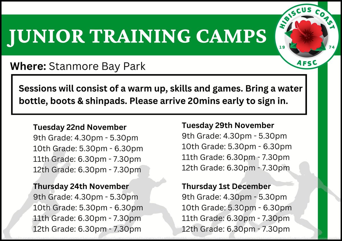Here are our dates for Junior Training Camps that will be taking place at the end of November 

*Due to some confusion around the info on our original flyer we have updated a few details to make it clearer