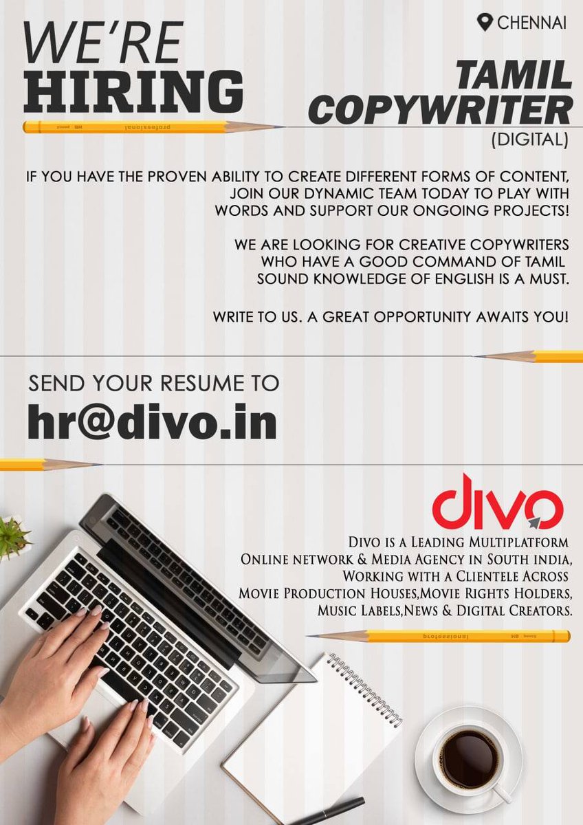 divomovies's tweet photo. Job Opening alert 🚨 Join our young dynamic team!!
We are Hiring "Tamil Copywriter (Digital)"
Location: Chennai
A great opportunity awaits you. Send your resume to hr@divo.in 📮
#DivoHiring #WorkAtDivo #Hiring #CareerAtDivo #Divo https://t.co/2W0pQzdbTG