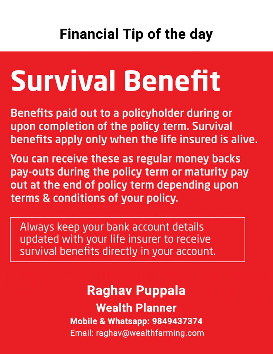 SangeethaLakka1's tweet image. Financial tip of the day
#financialtipoftheday #survivalbenefit #wealthplanner