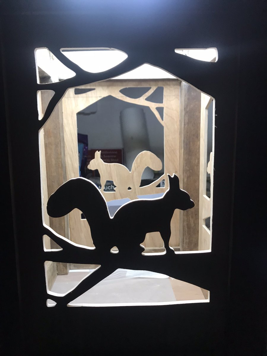 Na_Shers's tweet photo. @SeedsofChange @nbrly @HIWCF #RedSquirrel lampshade & Barnsley Trail signs. Red squirrel & bird feeders, bee houses all made from #recycled wood. #MentalHealthAwareness #MensSheds #AvoidIsolation https://t.co/9tlJxXo6A5