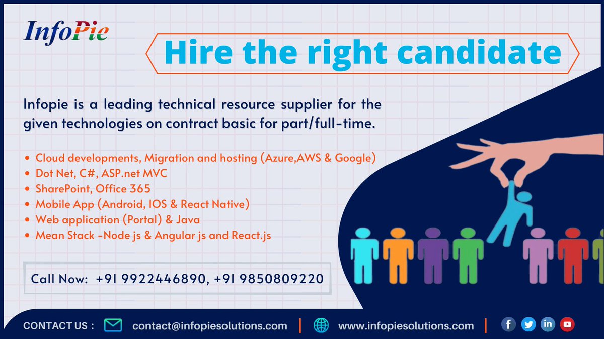 Infopie is a leading technical resource supplier for the given technologies on a contract/permanent basis for part/full-time.
Call Now: +91 9922446890, +91 9850809220