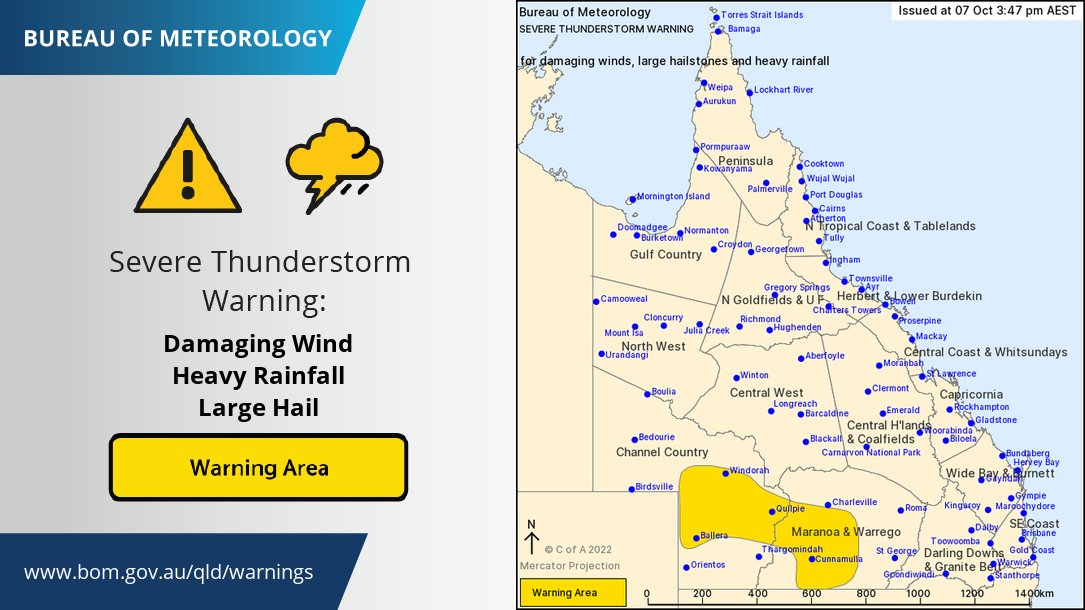 ⚠️⛈️ Severe thunderstorm warning: damaging winds, large hail and heavy rainfall likely with storms in southwest Qld #Cunnamulla #Quilpie #Windorah. Warning details and updates: ow.ly/4hmH50L3Rb4