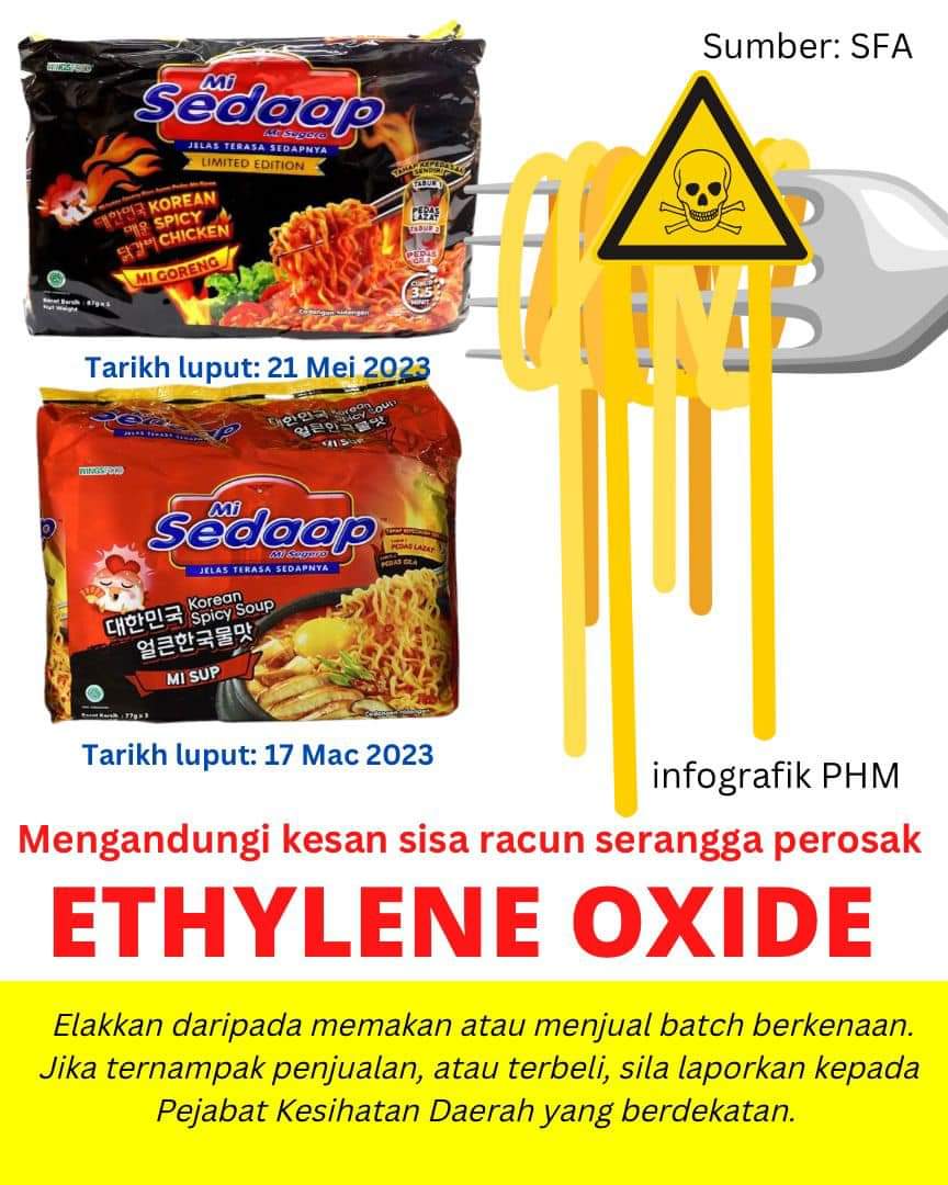 health_malaysia's tweet photo. Isu Penarikan Semula Produk Mi Sedaap Yang Mengandungi Ethylene Oxide (racun serangga perosak)

⚠️ Mi Sedaap Korean Spicy Chicken-batch tarikh luput 21/5/23
⚠️ Mi Sedaap Korean Spicy Soup-Batch 17/3/23.

Jika temui produk batch ini, laporkan ke Pejabat Kesihatan berhampiran. https://t.co/F10Sc5CYwa