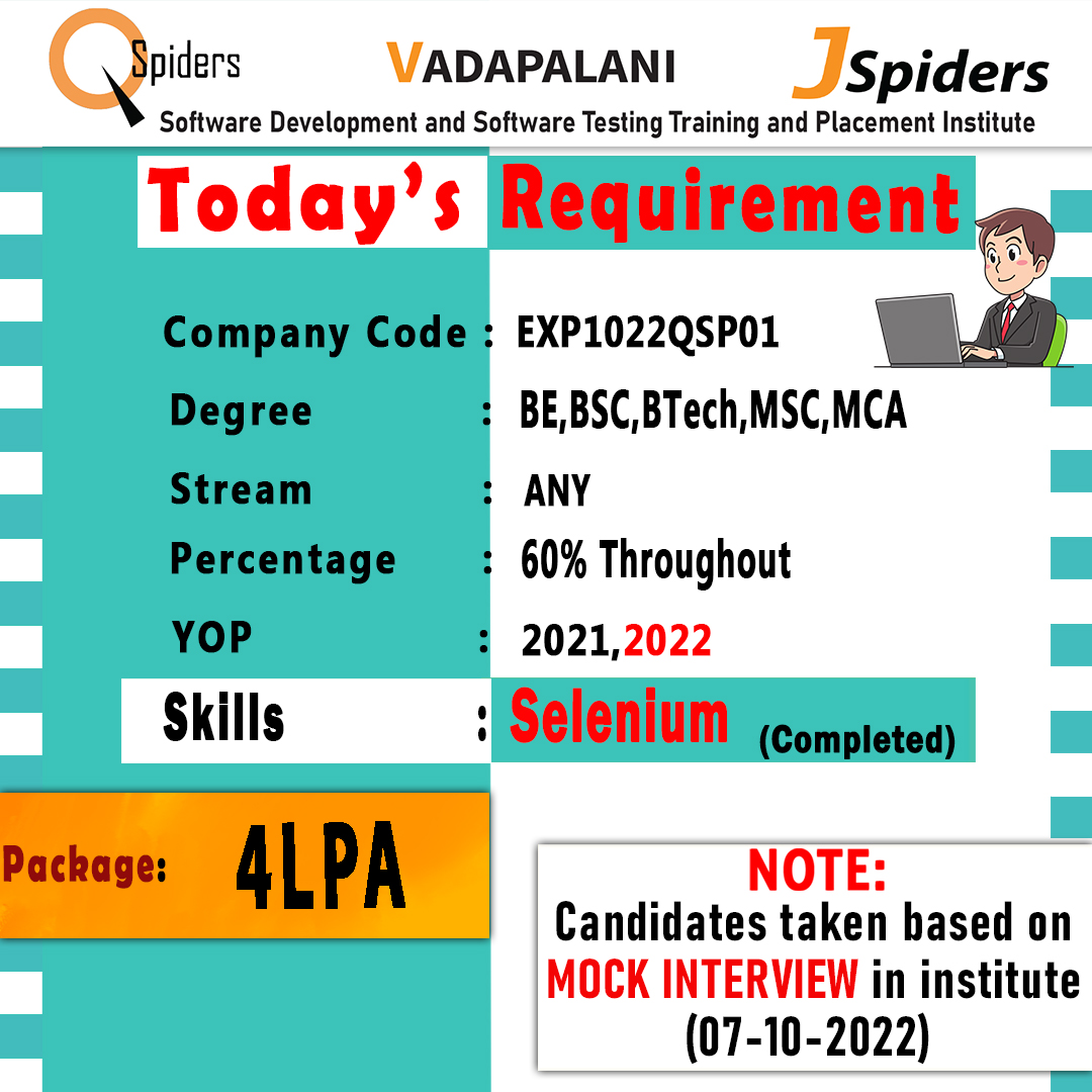 Today's Requirements
For more information contact
HR:8056890888 / 7338843311
.
.
#ManualTestingrequirement
#manualtesting
#qspiders
#qspidersvadapalani
#testingjobs
#manualtestingjobs
#manualtester
#TamilNaduJobs
#chennaijobs
#javajobschenna
#vadapalanitimes
#automationtesting
