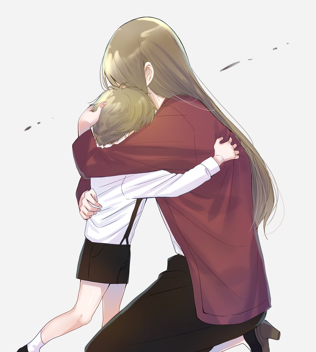 long hair hug suspenders 1girl mother and son shorts 1boy  illustration images