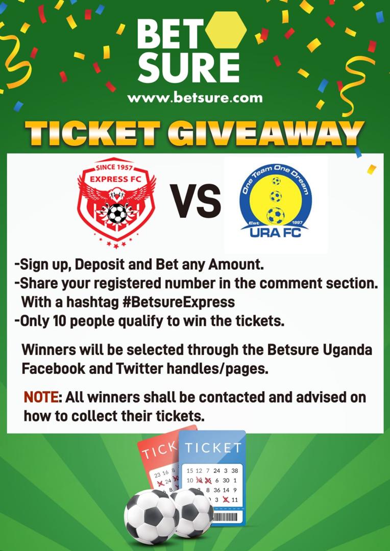 betsureuganda's tweet photo. Win a ticket to watch @ExpressFCUganda in action when you bet with us. Bet with any amount via https://t.co/O5N6AIaj2y and share your number in the comments section with the hashtag #BetsureExpress 

Only 10 tickets available. https://t.co/Yh6rAbBRqB