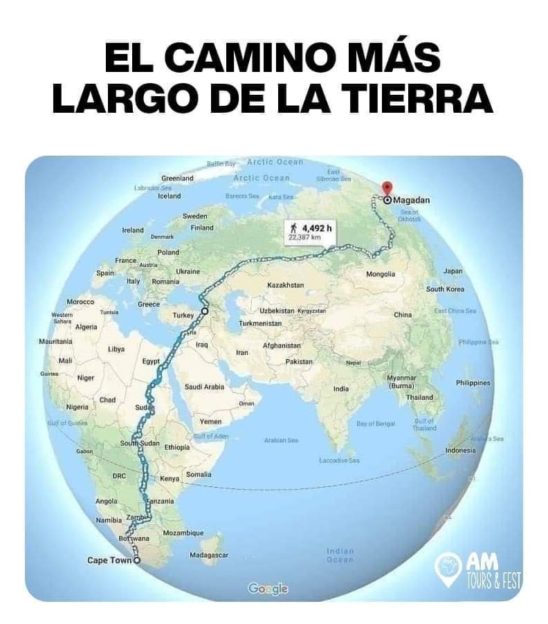 InformaCosmos's tweet photo. El camino más largo a pie sin cruzar ningún mar, lago u océano tomaría unos 559 días, 16 horas y 12 minutos de caminata considerando una velocidad promedio de 5km/h y 8 horas por día. Además de disfrutar de todas las estaciones del año, se atraviesa 17 países y 6 zonas horarias. https://t.co/QWATFGlN3H