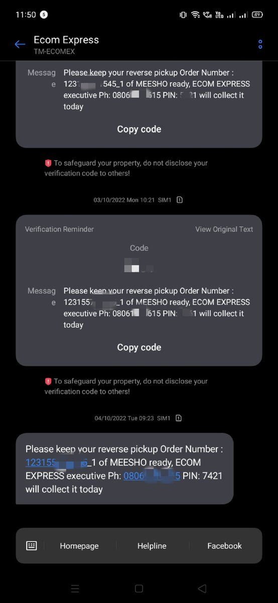 vishaljadon28's tweet photo. @EcomExpress_Ofc @Meesho_Official @meeshotech that means the messages I'm receiving from your end are all fake. If you're not able to track details. For your reference I'm attaching a snapshot of your texts. https://t.co/VTlSO1bVCP