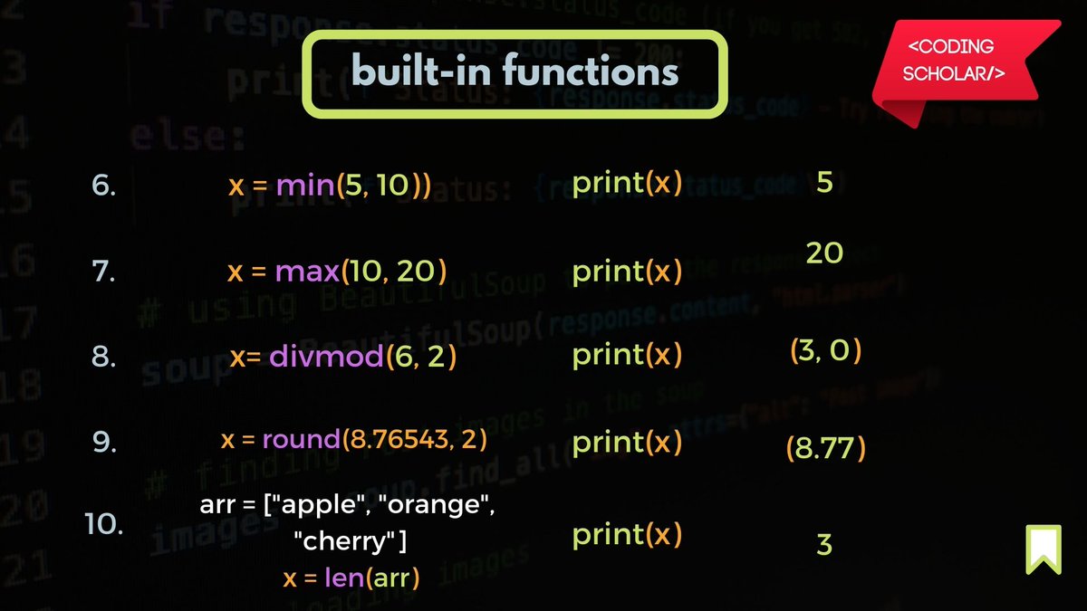 coding_scholar's tweet photo. 10 Python built-in functions you should know π
Follow @coding_scholar for such more content βΊ
#codingscholar #programming #codinglife #Python #pythonprogramming #learning #LearnToCode #AcademicTwitter #CodeNewbie #NodeJS #programmer #LearnProgramming https://t.co/EBzPQPr0oo