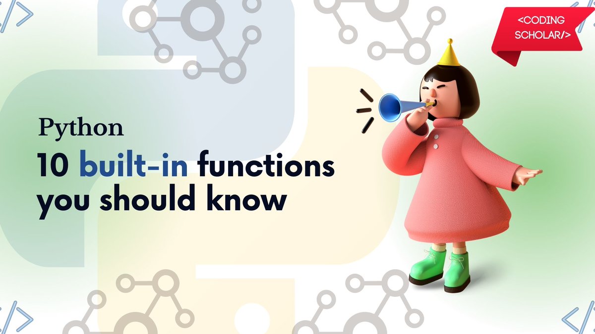 coding_scholar's tweet photo. 10 Python built-in functions you should know π
Follow @coding_scholar for such more content βΊ
#codingscholar #programming #codinglife #Python #pythonprogramming #learning #LearnToCode #AcademicTwitter #CodeNewbie #NodeJS #programmer #LearnProgramming https://t.co/EBzPQPr0oo