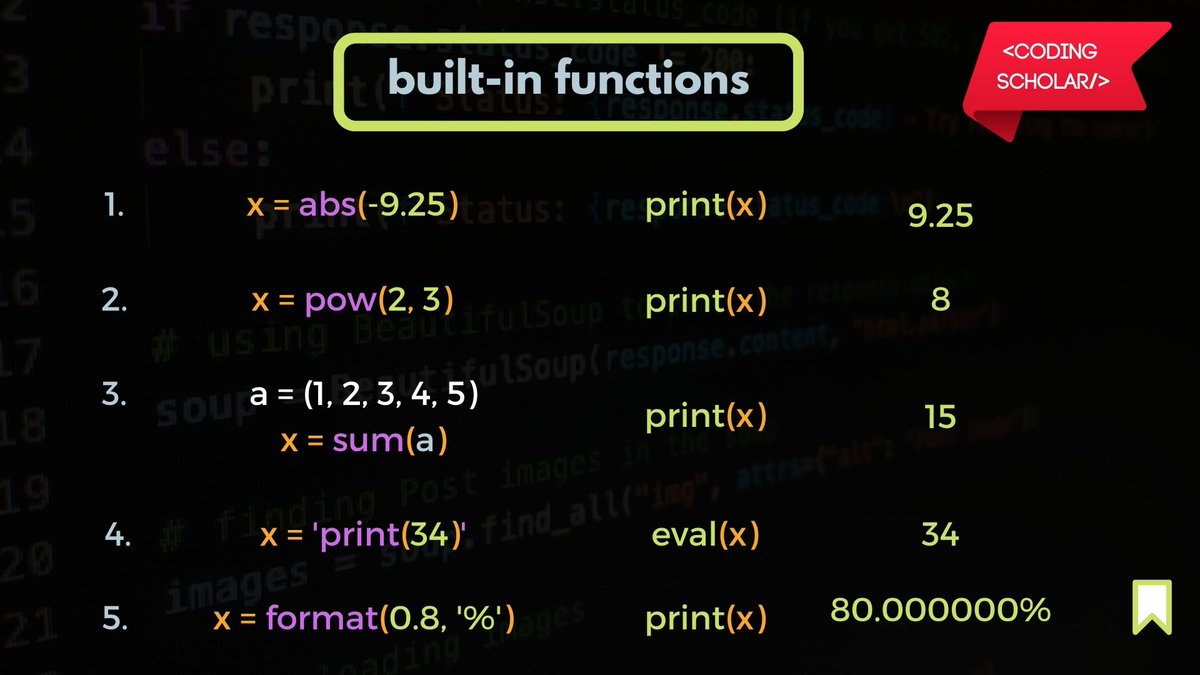 coding_scholar's tweet photo. 10 Python built-in functions you should know π
Follow @coding_scholar for such more content βΊ
#codingscholar #programming #codinglife #Python #pythonprogramming #learning #LearnToCode #AcademicTwitter #CodeNewbie #NodeJS #programmer #LearnProgramming https://t.co/EBzPQPr0oo