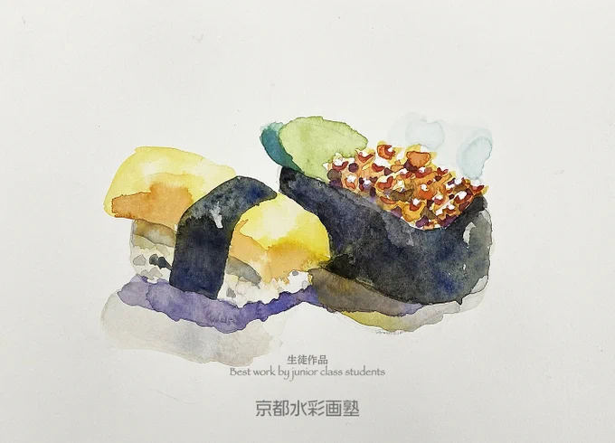 9歳の男の子にグリザイユ技法を教える水彩画塾。美味しそうにできました^ ^#Watercolor #スケッチ #水彩画 #淡彩略画 #透明水彩 #京都水彩画塾  #水彩画ワークショップ  #水彩画教室  #京都の絵画教室 