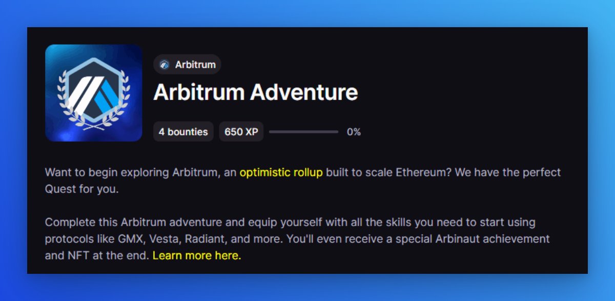 ⚡Layer3: Arbitrum Adventure Quest

✌ Reward: Special $ARB Arbinaut achievement and NFT at the end of the quest.

✔ Join here: 
beta.layer3.xyz/quests/introdu…

There are 4 challenges in total.