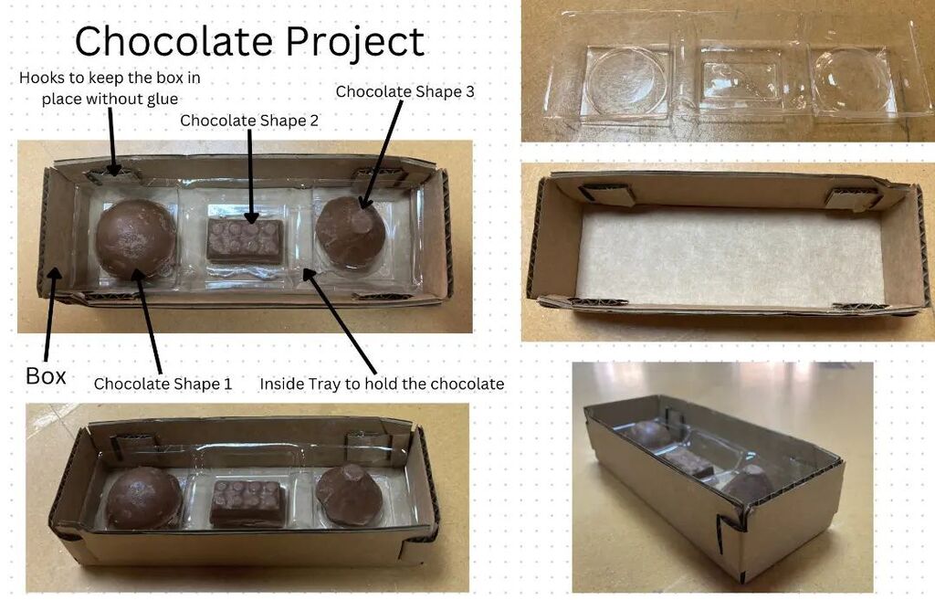 Mr_McGrady's tweet photo. Friends...this is cool....3D printed chocolate forms. Vacuum formed and then filled with chocolate. Then 3D printed negative space for chocolates to fit into a box. Laser cut box net and assembled without adhesive....10th Grade magic...#acslearns #NESArts https://t.co/s0HJXWvR5s