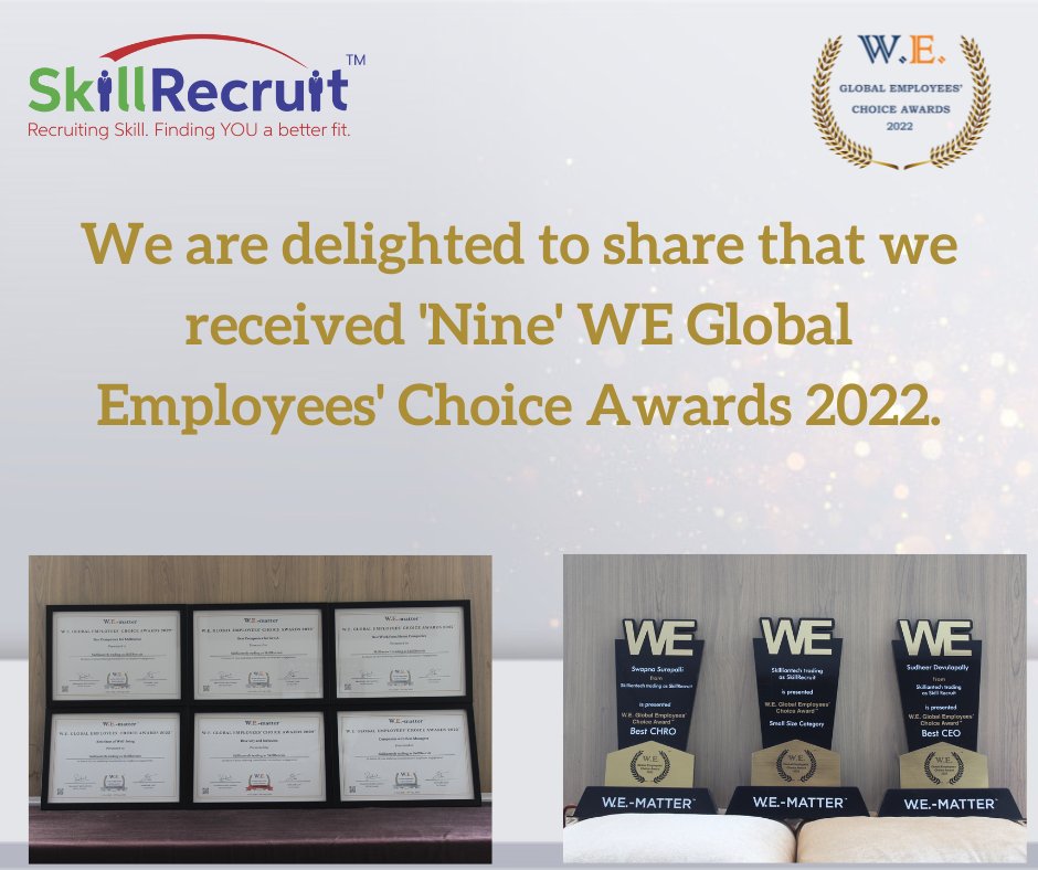 SkillRecruit's tweet photo. We are humbled and delighted to share that we got 'Nine' WE Global Employees' Choice Awards 2022.
.
.
.
.
.
.
#SkillRecruit #Skilliantech #companyoftheyear #recruitment #hiring #jobs #jobsearch #hr #staffing #careers #entrepreneurship #bestglobalrecruitingagency #recruitingagency https://t.co/OvhlDbTOvC