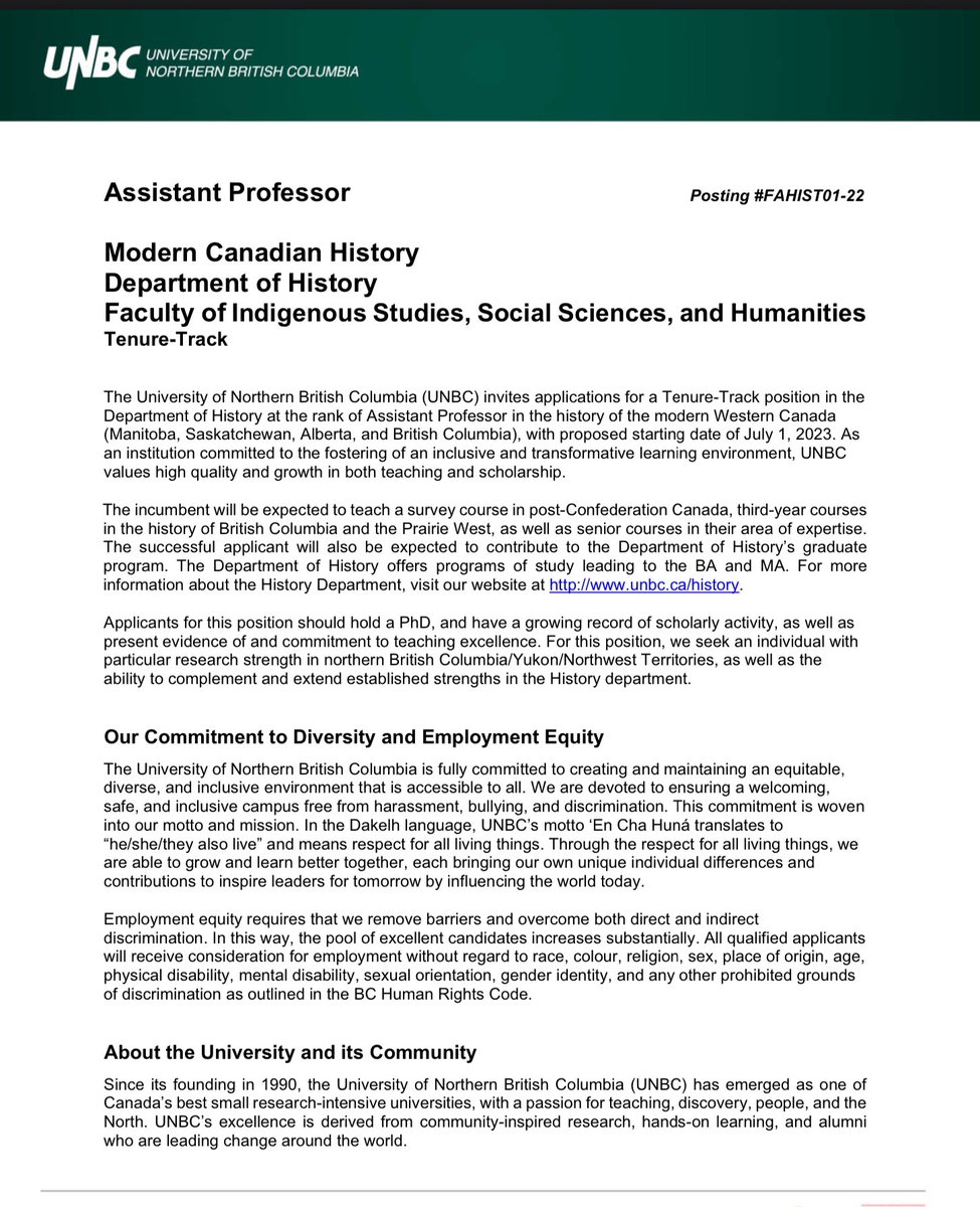 cnolin's tweet photo. 🚨 Tenure-Track position alert! Excited to share that @UNBC Department of History colleagues are seeking applications for Assistant Professor in the history of modern Western Canada (MB, SK, AB &amp; BC), proposed starting date of July 1, 2023.

https://t.co/mZFWSQBugd https://t.co/yAlDbLf0Bt