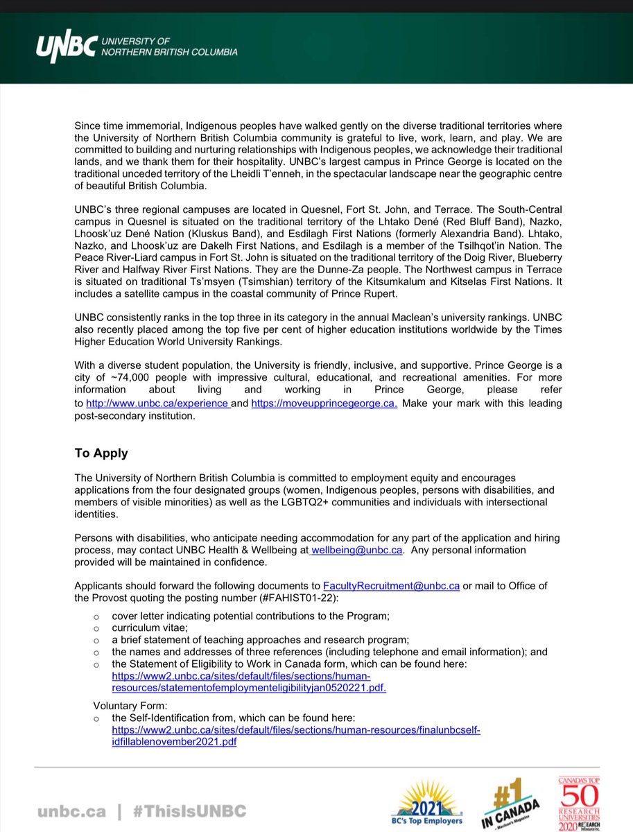 cnolin's tweet photo. 🚨 Tenure-Track position alert! Excited to share that @UNBC Department of History colleagues are seeking applications for Assistant Professor in the history of modern Western Canada (MB, SK, AB &amp; BC), proposed starting date of July 1, 2023.

https://t.co/mZFWSQBugd https://t.co/yAlDbLf0Bt