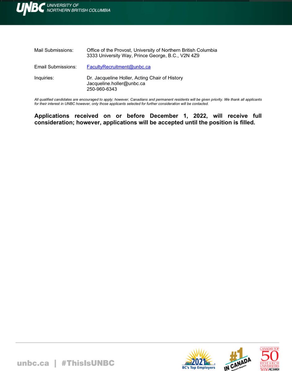 cnolin's tweet photo. 🚨 Tenure-Track position alert! Excited to share that @UNBC Department of History colleagues are seeking applications for Assistant Professor in the history of modern Western Canada (MB, SK, AB &amp; BC), proposed starting date of July 1, 2023.

https://t.co/mZFWSQBugd https://t.co/yAlDbLf0Bt