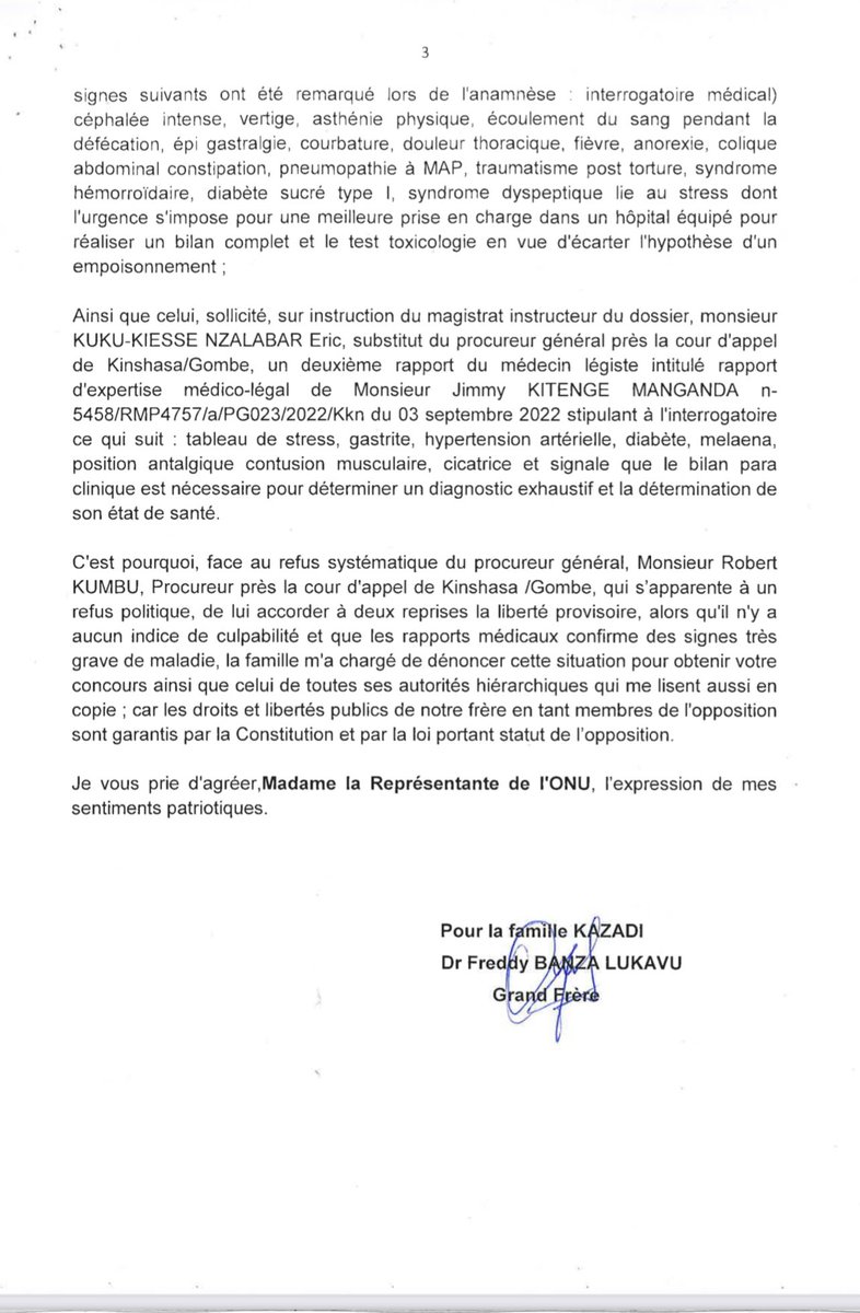 #RDC: « Dénonciation des violations graves dans le dossier d’arrestation irrégulière de notre frère Jimmy Kitenge », la famille du secrétaire national du PPRD, le parti de Kabila chargé de la communication détenu à la prison de Makala, alerte sur son état de santé dégradant