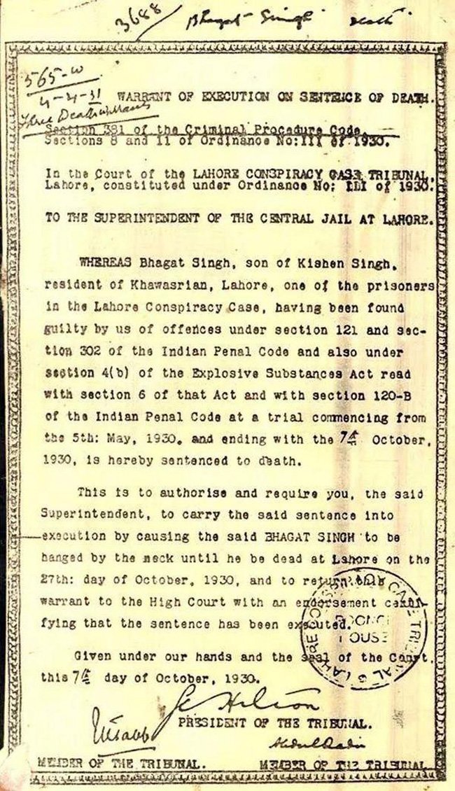On 7 October 1930 the Lahore Conspiracy Case judgment against the leaders of HSRA was announced. 

3 (Bhagat Singh, Sukhdev, Rajguru) were sentenced to hanging, 7 life imprisonment and 3 got acquitted.