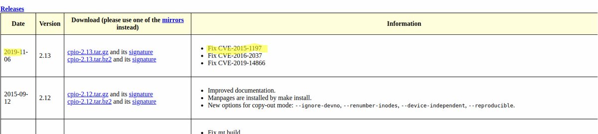 Which version of cpio is vulnerable to CVE-2015-1197. GNU project released version 2.13 in 2019 which includes the fix and other fixes. Many distribution are still using 2.12 some with patches and some without. 

cpio binaries patches known <a href="/hashlookup_io/">hashlookup</a> hashlookup.circl.lu/lookup/sha1/82…